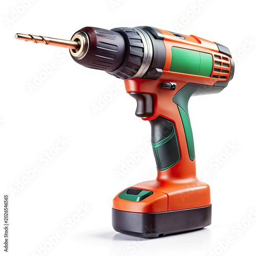 Cordless power drill with wood bit isolated on white background in bright studio light