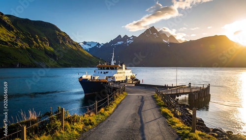 Ferry boat at dock in scenic lake with mountain range and bright sunlight