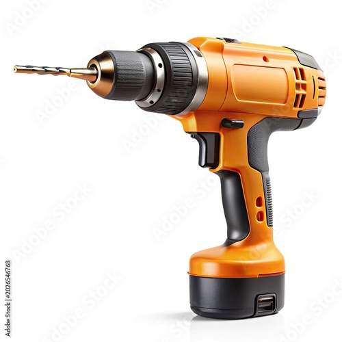 Yellow cordless electric drill driving screw into white background in studio lighting