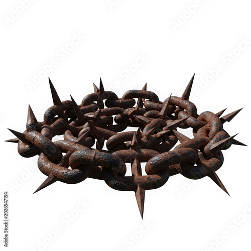 A circular crown of sharp rusty metal thorns and heavy iron chains representing pain and religious sacrifice concept