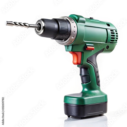 Electric drill with metal bit isolated on white background in professional setting
