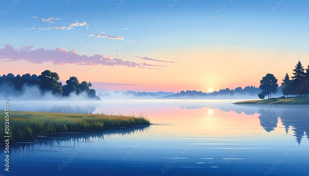 Fototapeta premium Early Sunrise Over Still Lake with Subtle Mist Clean Minimal Nature Landscape Background