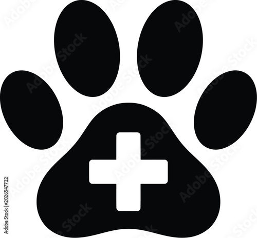 Veterinary care paw print icon with medical cross symbol for animal hospital and clinic branding