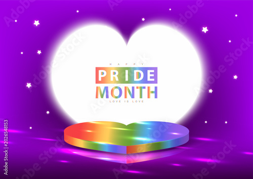 Romantic LGBTQ+ pride podium with glowing heart backdrop on purple background. Vector illustration.