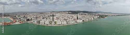 Wide aerial panorama of Thessaloniki waterfront and port in Greece