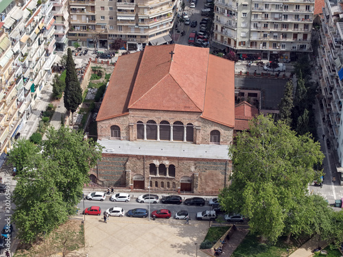 Drone aerial view of Panagia Acheiropoietos church in Thessaloniki, Greece