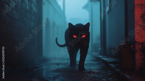 Mystical Black Cat Walking in Dark Alley