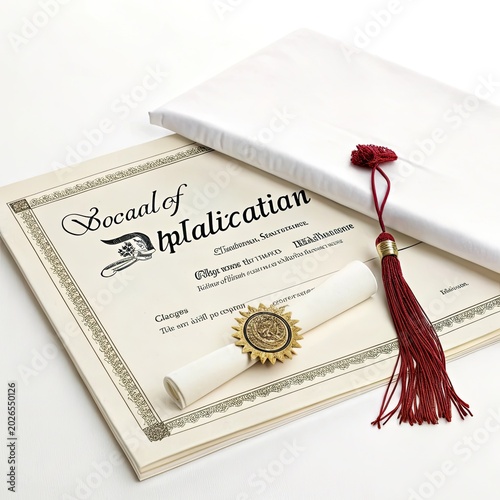 Graduation Diploma with Red Tassel and Pen on White Background