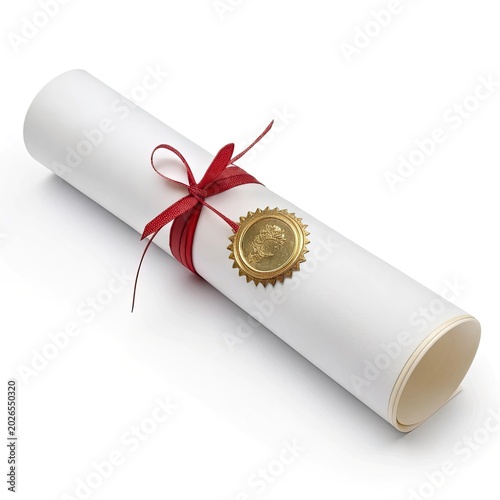 Rolled Diploma Certificate with Red Ribbon on White Background