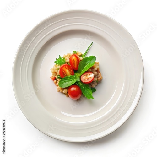 Fresh strawberry and herb garnish on white plate isolated on bright background
