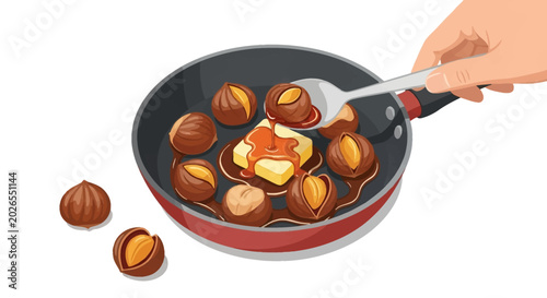 Vector illustration of peeled chestnuts being glazed in a frying pan with melting butter and brown syrup. A hand uses a spoon to baste the nuts in a skillet on a white background.
