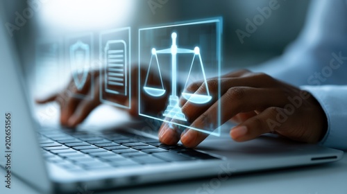 Hands typing on a laptop with legal icons appearing on the screen in a modern office setting during daytime