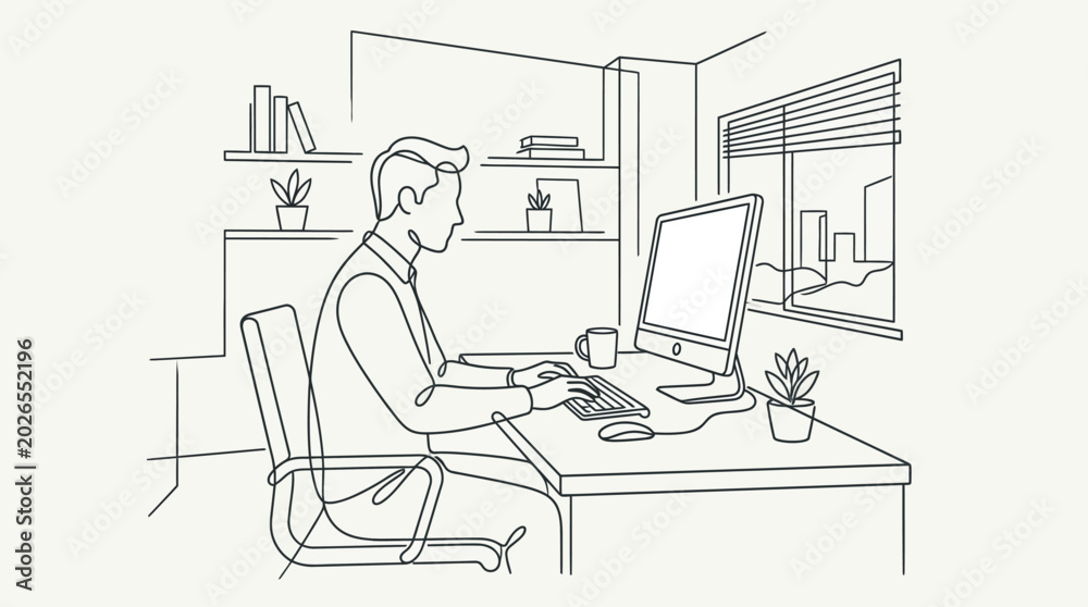 Obraz premium Line Art Workspace: Businessman Working at Desk, Sketch Style