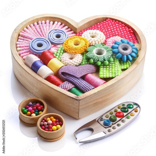 Colorful crochet yarn and crafting tools arranged in heart-shaped wooden tray on white background