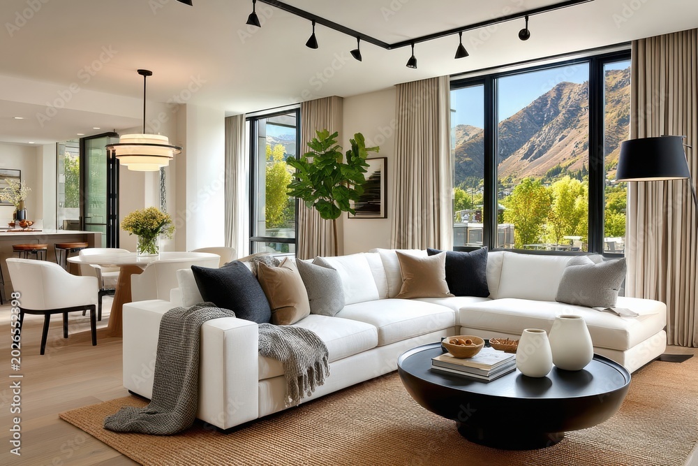 Fototapeta premium Modern living room with white sectional sofa and large windows showcasing mountain view