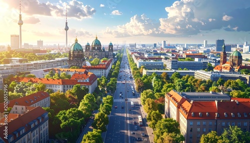 Panoramic cityscape with buildings roads and green trees under a sunny sky