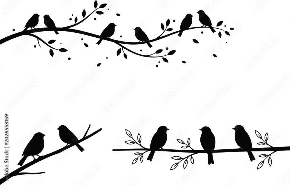 Fototapeta premium Decorative Bird Silhouette Set with Perched Birds and Romantic Couples on Tree Branch Vector Illustrations