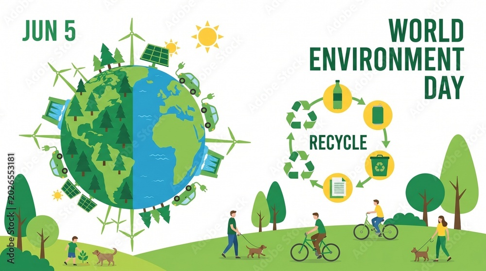 Naklejka premium Illustration of people engaging in eco-friendly activities on World Environment Day with a globe recycling symbol.