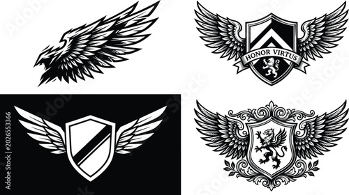 Billede på lærred Heraldic Winged Shield Emblem Collection with Eagle Wings and Vintage Crest Vect