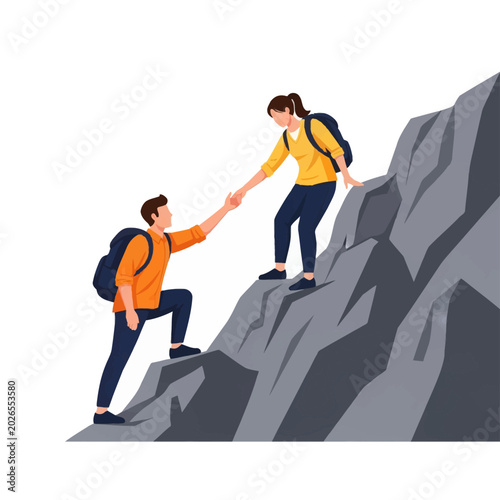 Vector illustration of a woman hiker extending her hand to help a male companion climb a steep rocky cliff face, both wearing backpacks and outdoor gear, isolated on a white background.