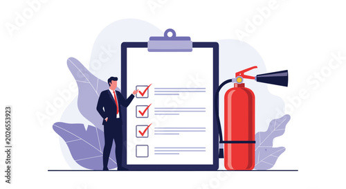 Photos Business professional checks off safety requirements on a clipboard next to a large red fire extinguisher for workplace compliance