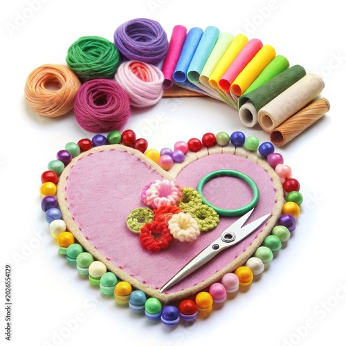 Handmade Beaded Heart Craft with Yarn and Ribbon on White Background