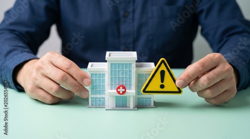 Medical alert concept with hospital model and caution sign representing healthcare risk management