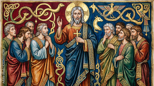 Jesus solemnly foretells his death and resurrection, leaving his devoted disciples in sacred awe.