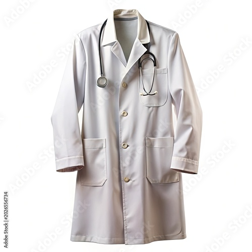 Medical Lab Coat with Stethoscope Hanging Isolated on White Background