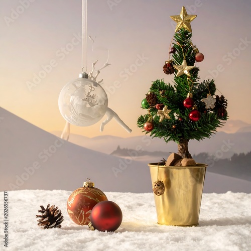 Festive christmas decorations displayed on a snowy surface and in soft light
