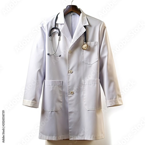Doctor's coat with stethoscope hanging on white background professional attire