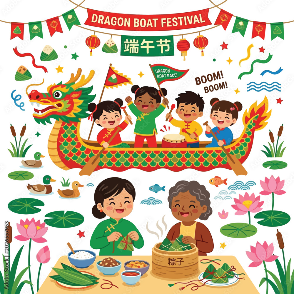 Fototapeta premium Vibrant, joyous celebration of the Dragon Boat Festival features children joyfully participating in a race on a colorful dragon boat, while others prepare traditional rice dumplings, surrounded