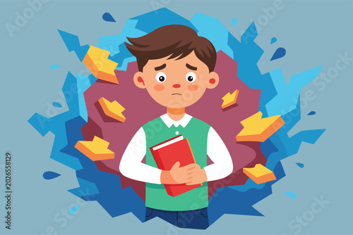Quadro su tela Illustration of a sad schoolboy holding a book feeling overwhelmed