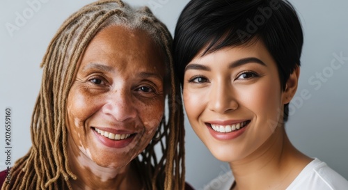 Two smiling women with different hairstyles and skin tones posing together