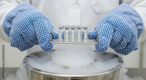 Scientist in protective gloves handling vial tray over cryogenic container in laboratory setting with visible frost