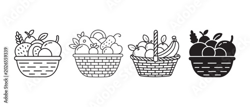 Obraz na plátně Set of fruit basket icons with fresh food and healthy harvest in simple black and white line art style