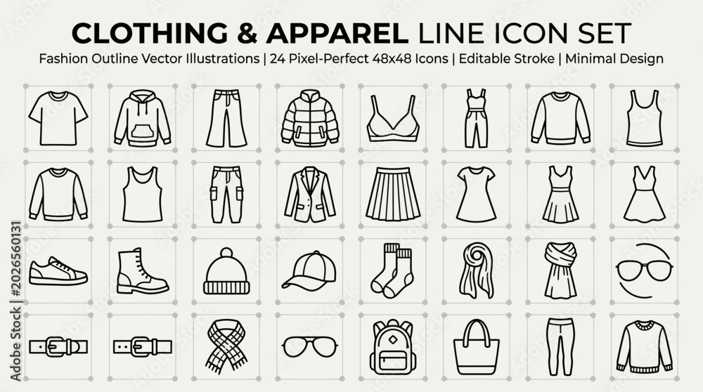 Fototapeta premium Flat line icon set of clothing and apparel items for fashion design and retail display