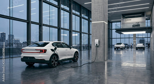 White Electric Car Charging at Wallbox Station inside Modern Showroom, Luxury EV Sedan Plugged into Charger in Contemporary Industrial Office or Dealership with Large Windows and City View