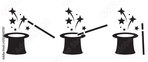 Fotografía “Magic Hat and Wand Vector Icon Set – Magician Top Hat with Sparkling Stars, Il