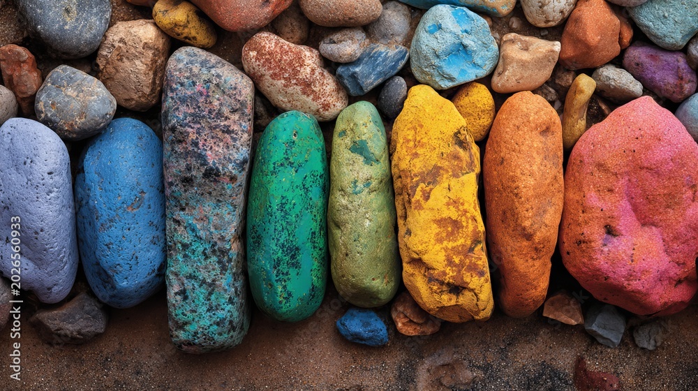 Obraz premium A vibrant display of colorful painted rocks arranged on a sandy surface