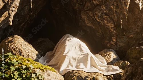 Wooden cross in rocky cave with sunlight symbolizing tranquility, harmony, and the great outdoors