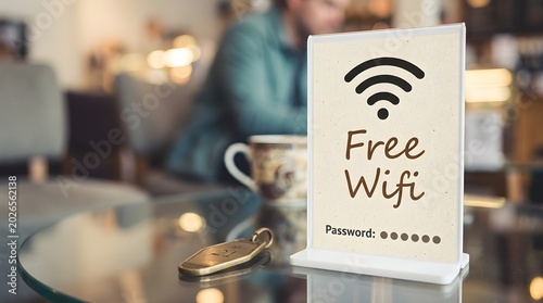 A sign on a table indicating free wifi with a blurred cafe background and a person sitting