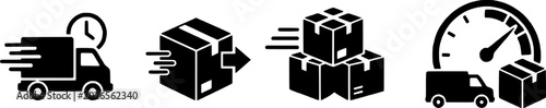 Fotografie Logistics and delivery icons set including truck with clock, moving boxes, stacked parcels, and speeding truck with gauge, symbolizing fast shipping and efficient transportation services