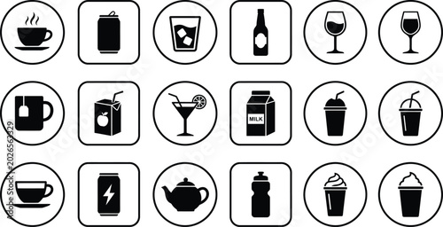 Black and white of various beverages including coffee, tea, milk, soda, and alcohol drink