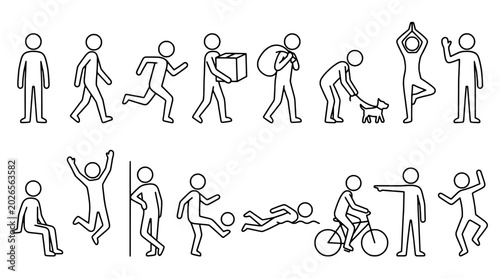 People icons set with various activities and poses in line art style featuring stick figures, walking, running with carrying and lifting elements for