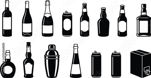 Black and white of various liquor bottles, cans, cocktail shaker, and box alcohol