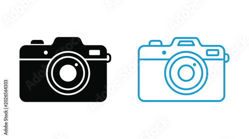 Vintage camera icons in black and blue line art isolated on white background silhouette