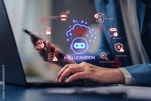 Obraz na plátne Hallucinate of artificial intelligence shows error and incorrect or misleading information with fake data on a digital screen caused by an inaccurate glitch in the algorithm