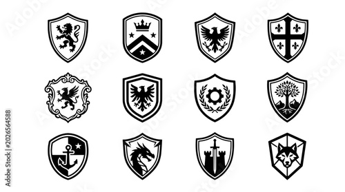 Shields heraldic collection with various symbols and emblems featuring crest, coat of arms, lion with eagle and crown elements for cross, tree
