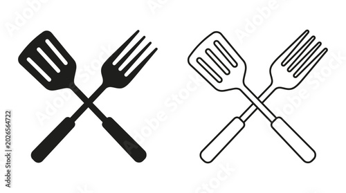 Tableau sur toile Crossed spatula and fork black and white line art silhouette